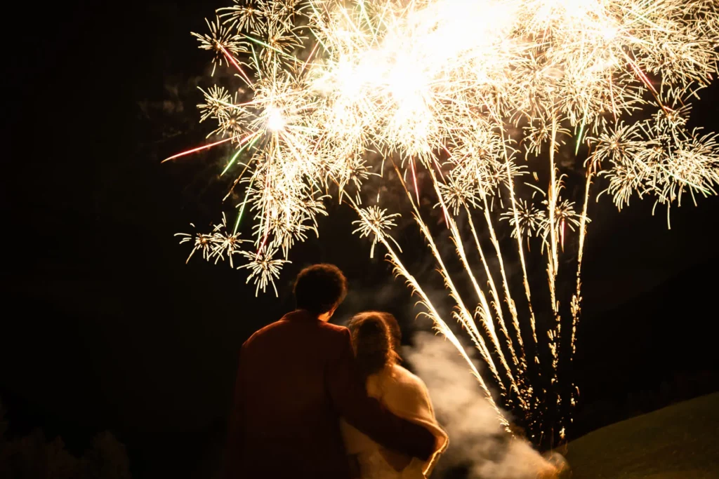 les mariés regardent le feu d'artifice pendant leur mariage
