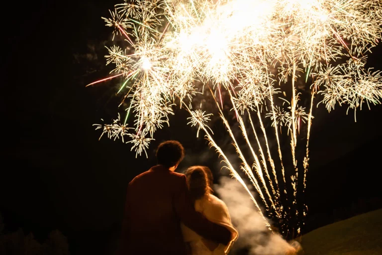 les mariés regardent le feu d'artifice pendant leur mariage